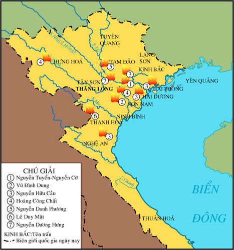 Lược đồ nơi diễn ra các cuộc  khởi nghĩa nông dân ở Đàng Ngoài thế kỷ XVIII